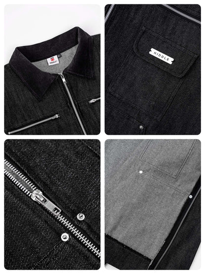 Collage of a black jacket with zippers and buttons, featuring the brand 'Widdle'.
