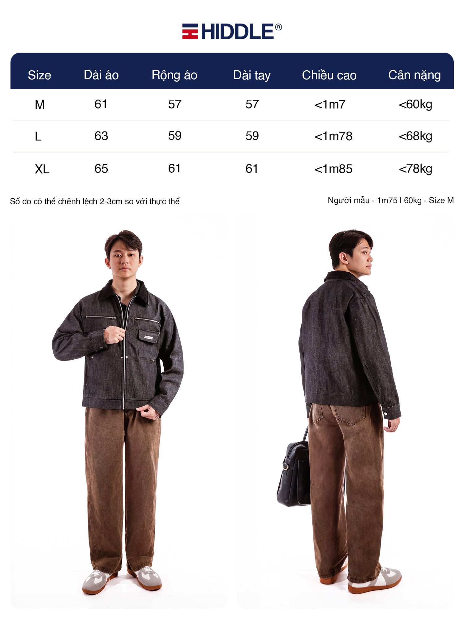 Size chart for a work uniform with two models wearing the outfit.