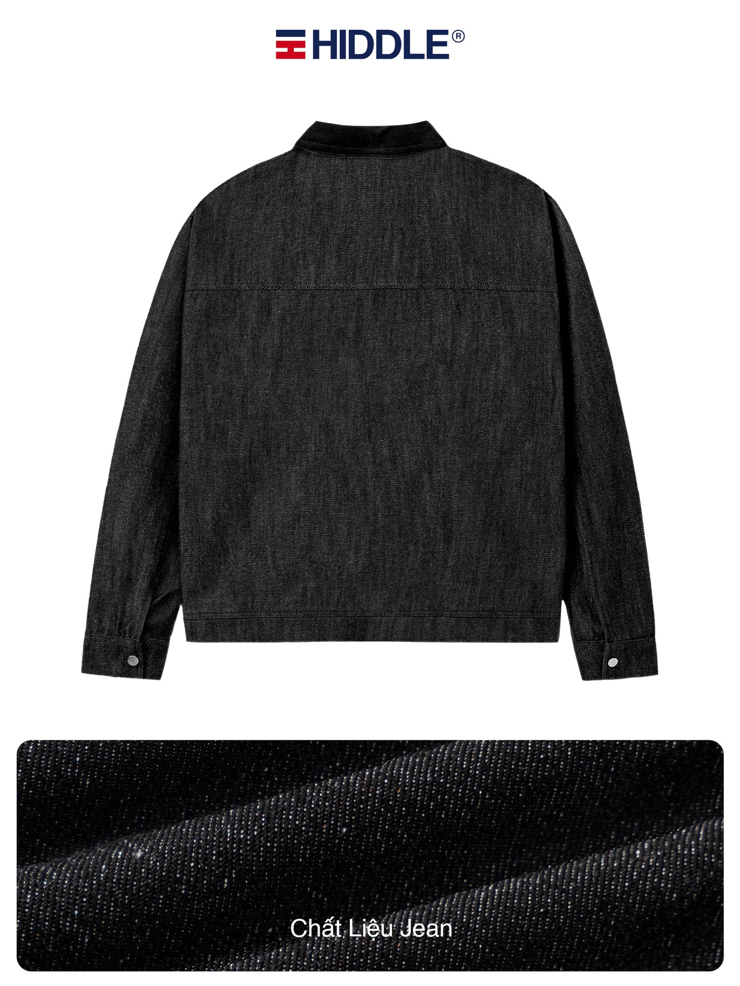 Black denim jacket with 'Hiddle' branding on a white background