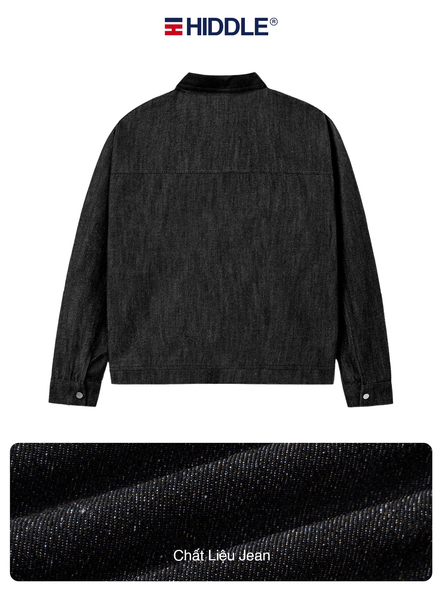 Black denim jacket with 'Hiddle' branding on a white background