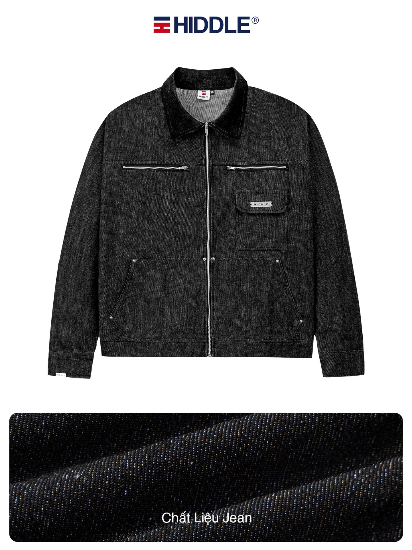 Black denim jacket with Hiddle branding on a white background
