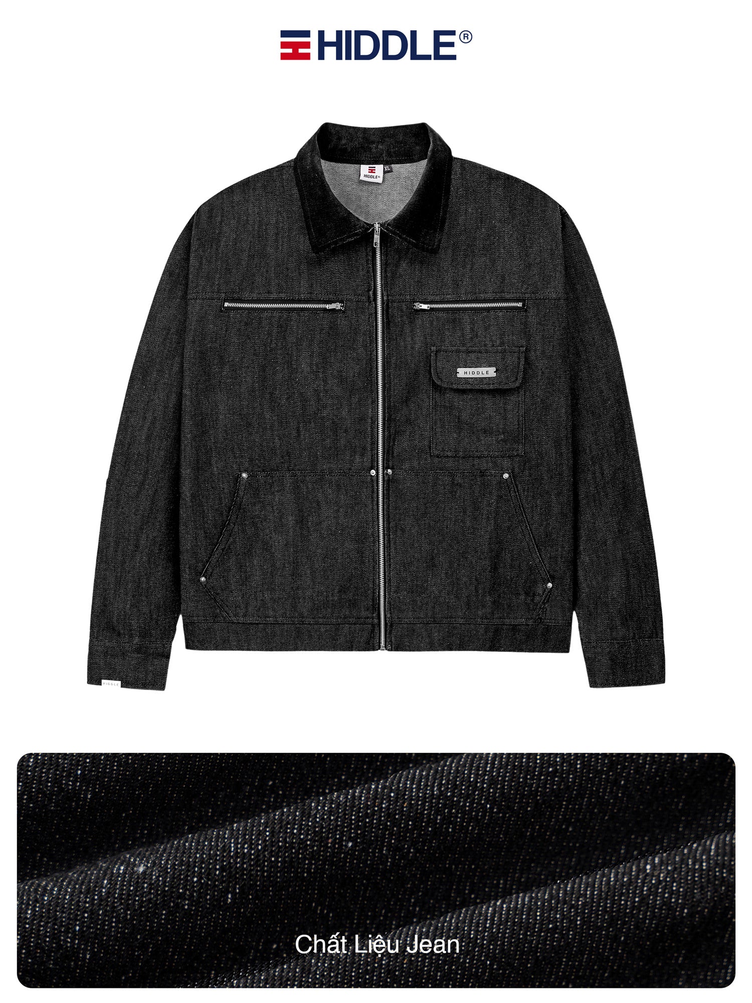 Black denim jacket with Hiddle branding on a white background