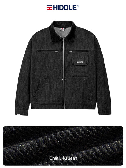 Black denim jacket with Hiddle branding on a white background