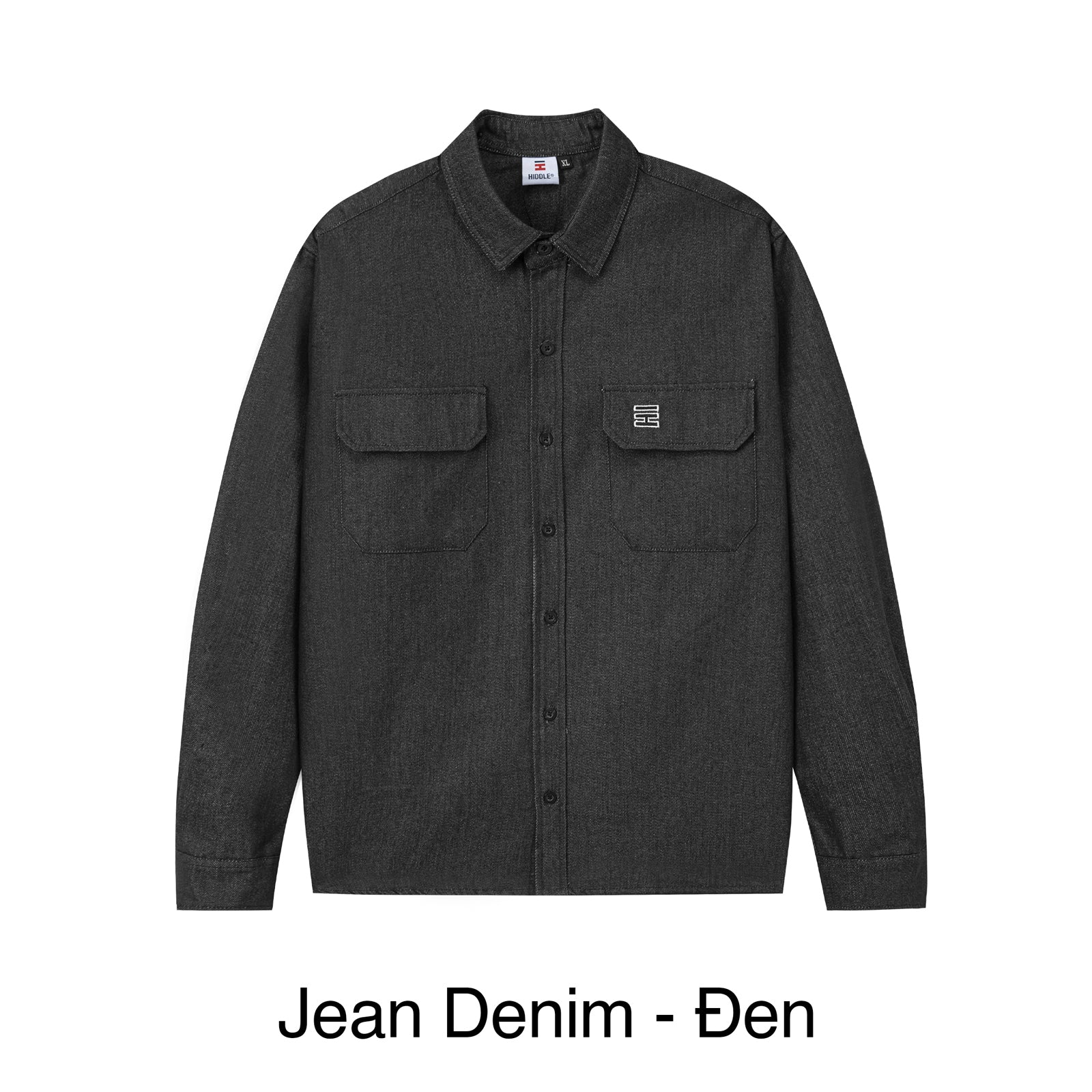 Dark denim shirt with two front pockets on a white background