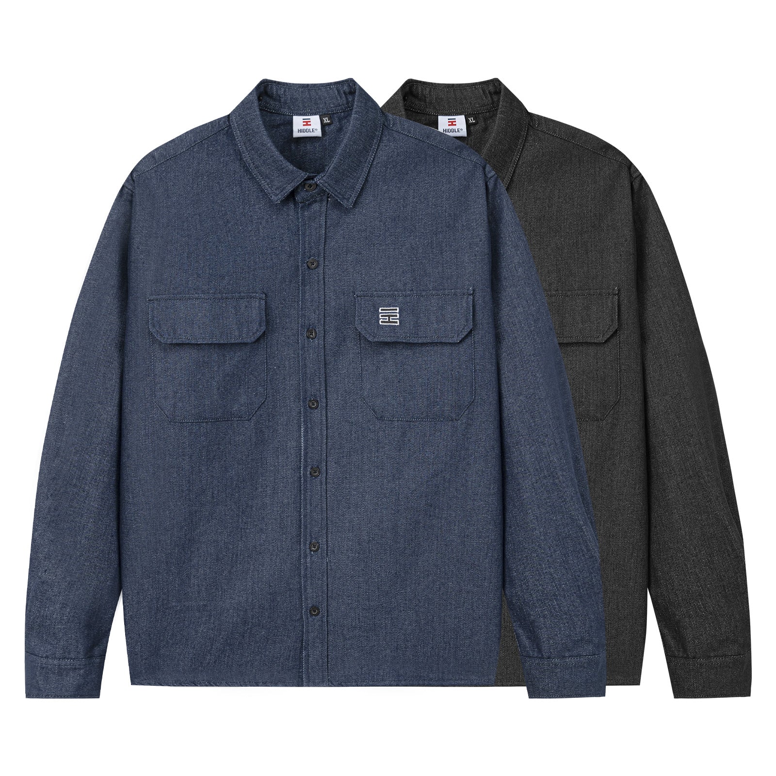 Two denim shirts, one blue and one gray, on a white background.