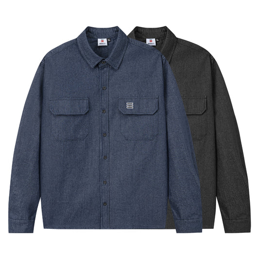 Two denim shirts, one blue and one gray, on a white background.