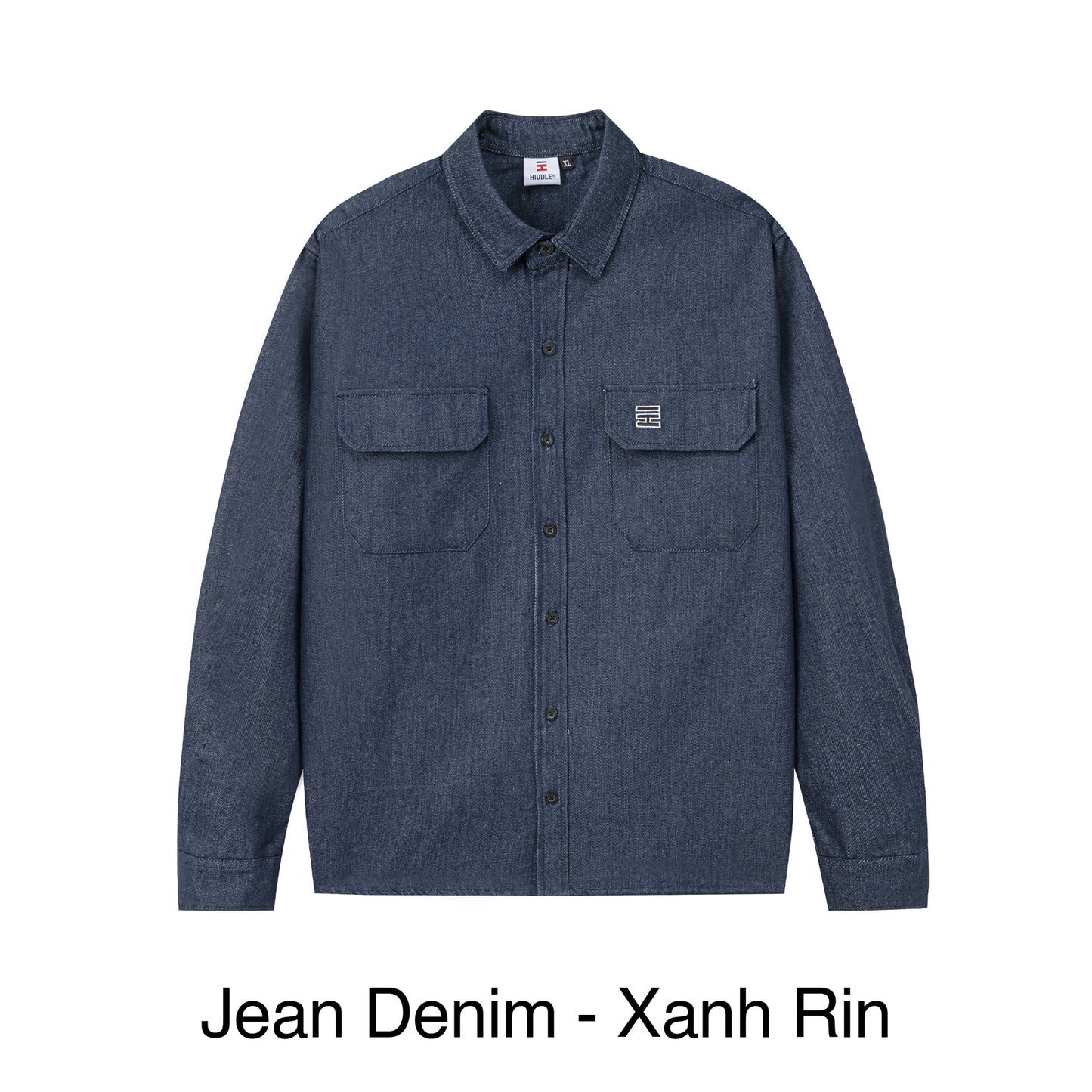 Blue denim shirt on a white background with 'Jean Denim - Xanh Rin' text.