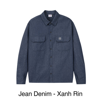 Blue denim shirt on a white background with 'Jean Denim - Xanh Rin' text.