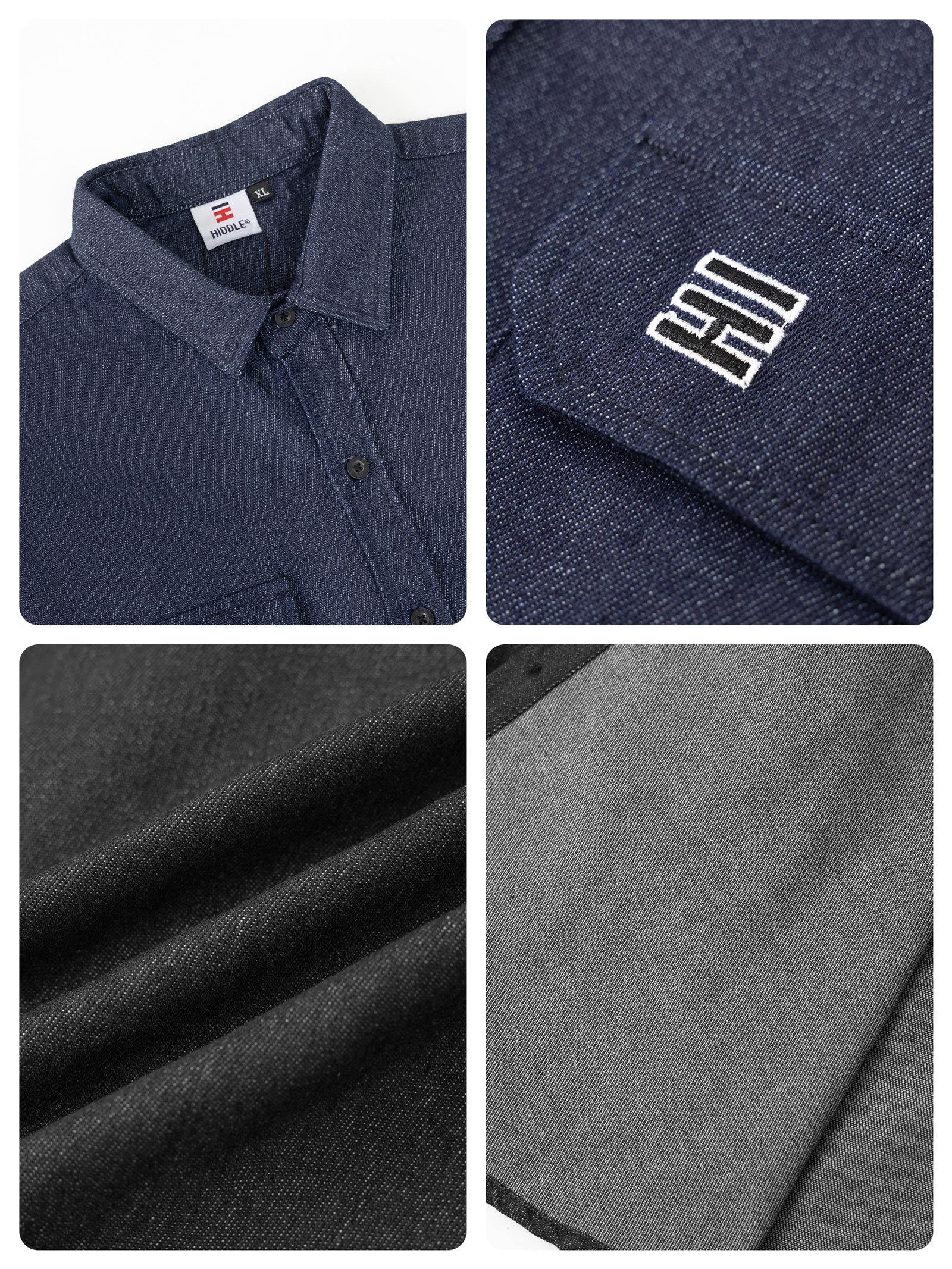 Collage of a navy blue polo shirt with close-up details, including fabric texture and brand logo.
