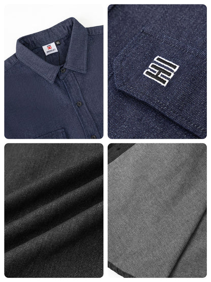 Collage of a navy blue polo shirt with close-up details, including fabric texture and brand logo.
