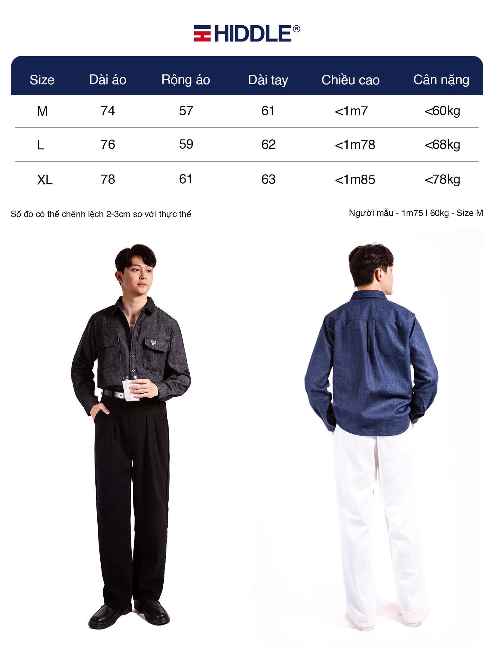 Size chart for Hiddle clothing with two models wearing the outfit.