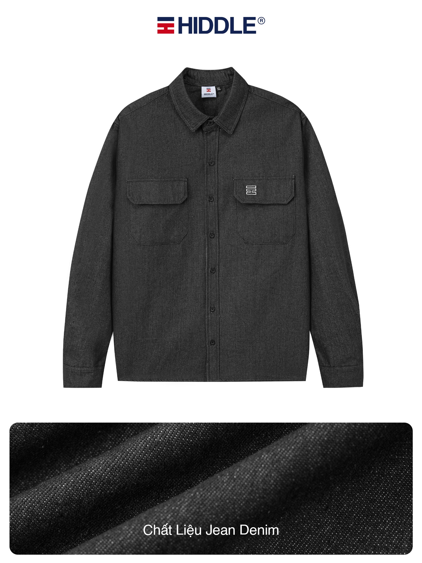 Dark denim shirt with Hiddle logo on a white background