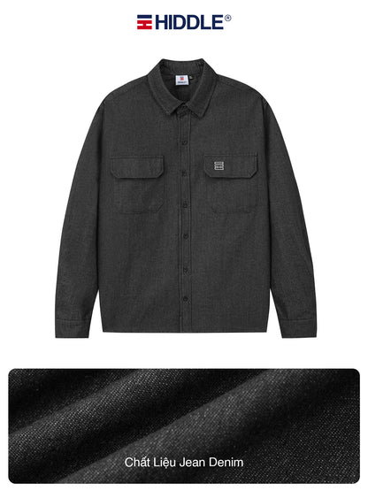 Dark denim shirt with Hiddle logo on a white background