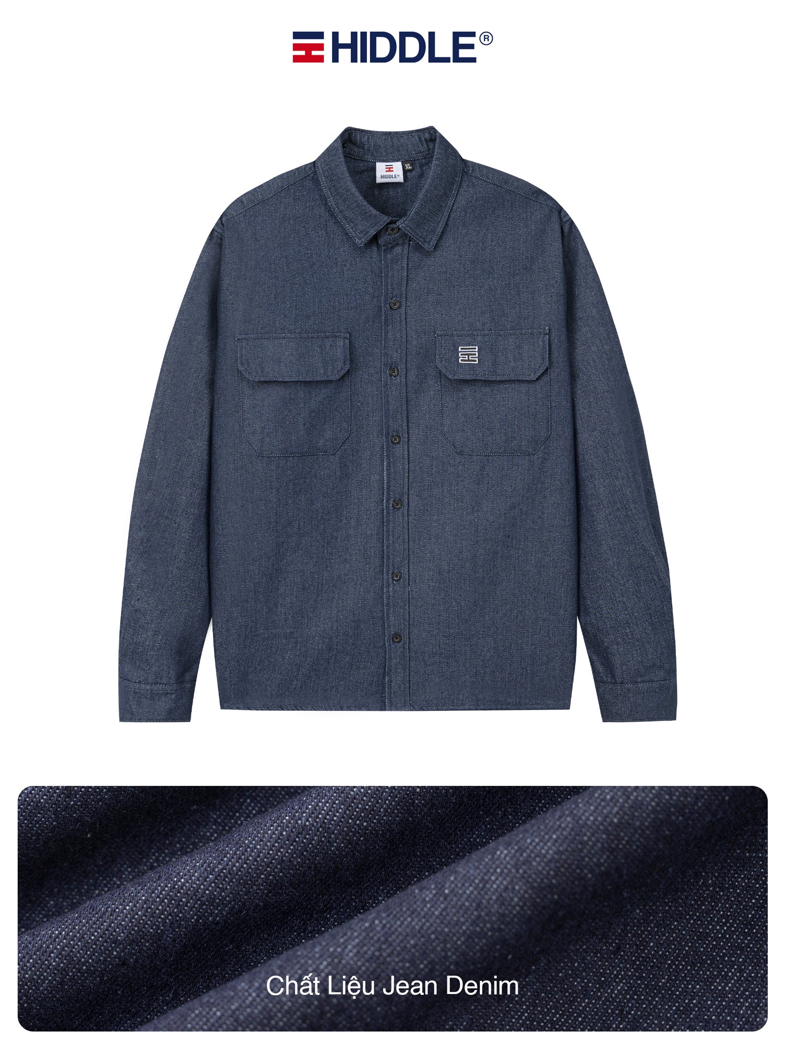 Blue denim shirt with 'Hiddle' branding on a white background
