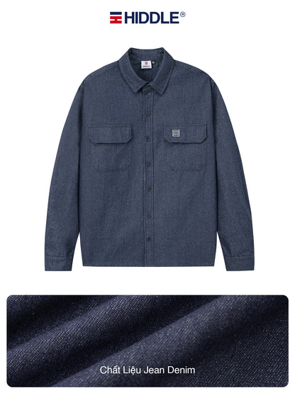 Blue denim shirt with 'Hiddle' branding on a white background