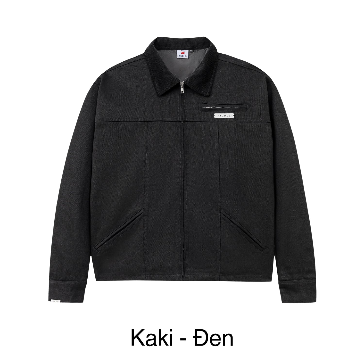Black jacket with a brand logo on a white background