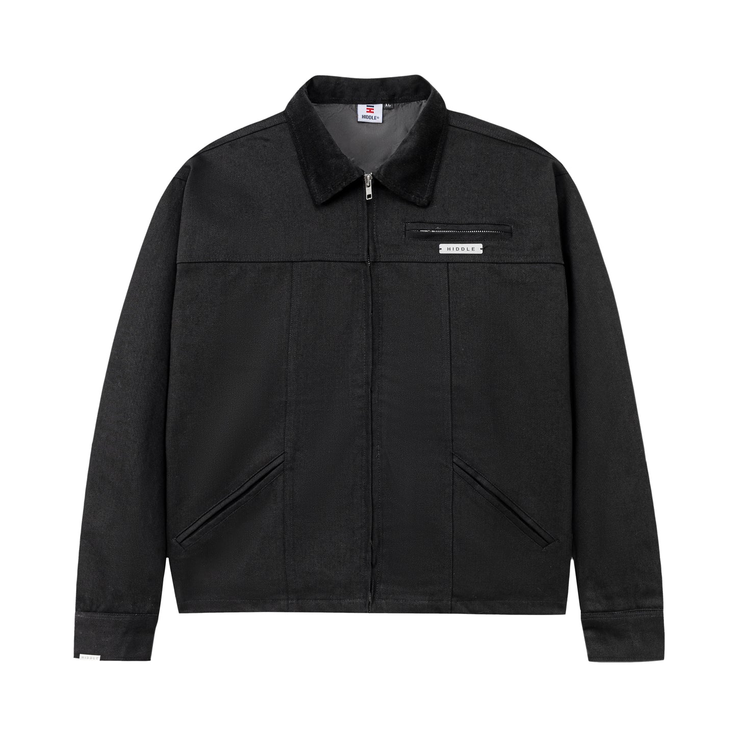 Black jacket with a brand logo on a white background