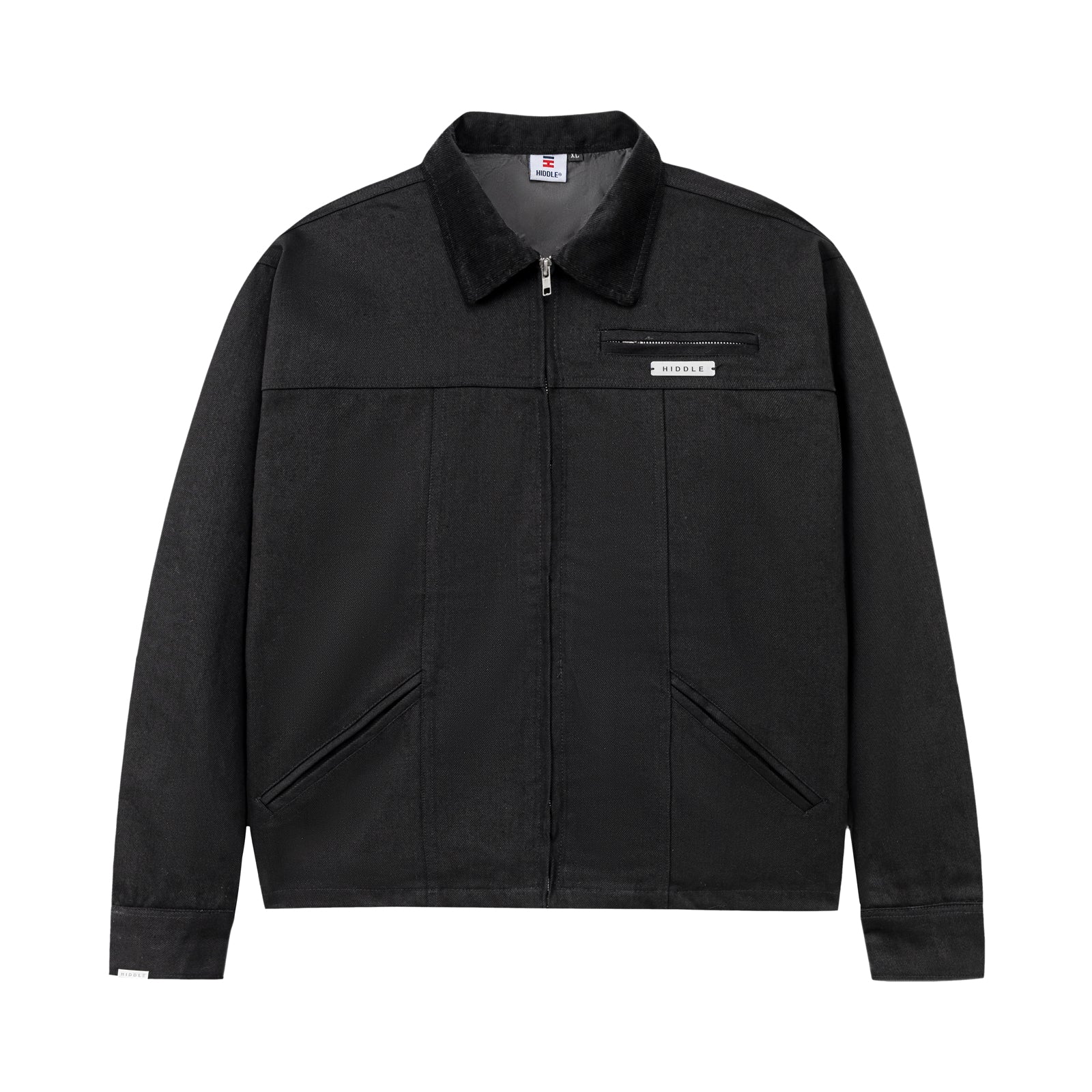Black jacket with a brand logo on a white background