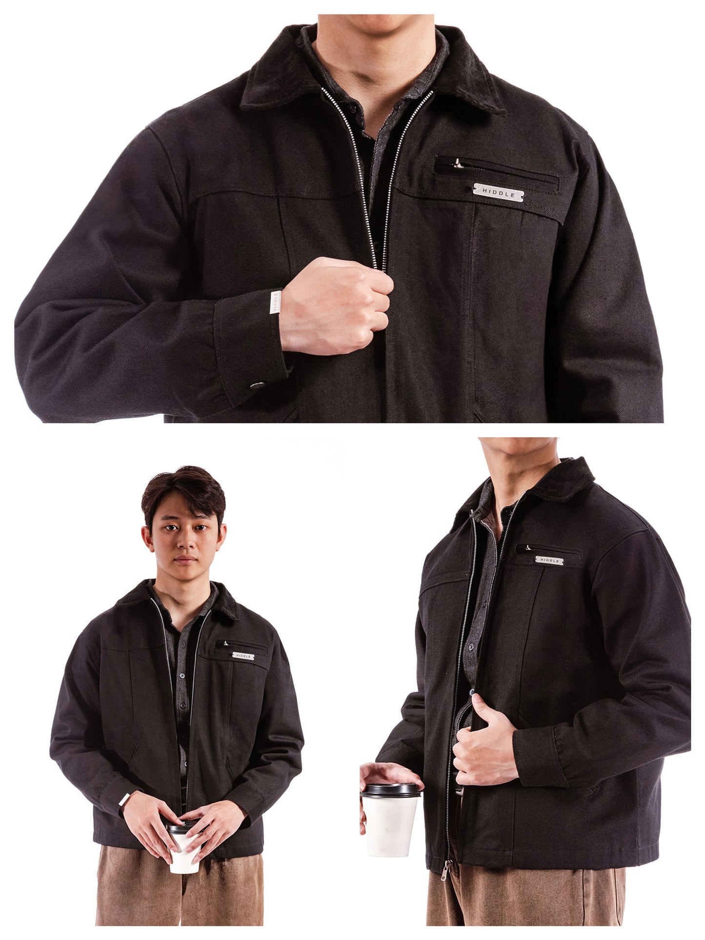 Black jacket worn by a person on a white background