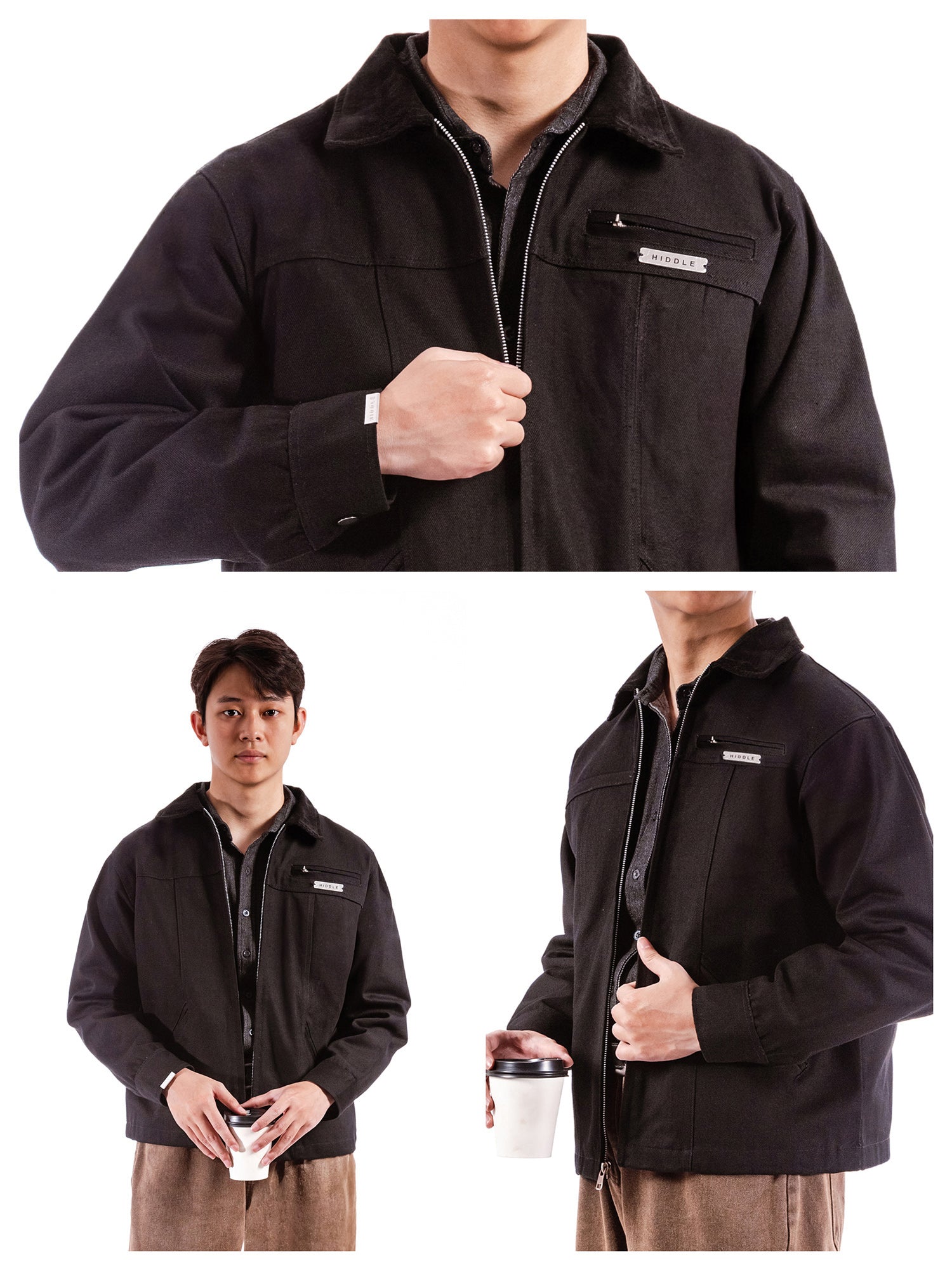 Black jacket worn by a person on a white background