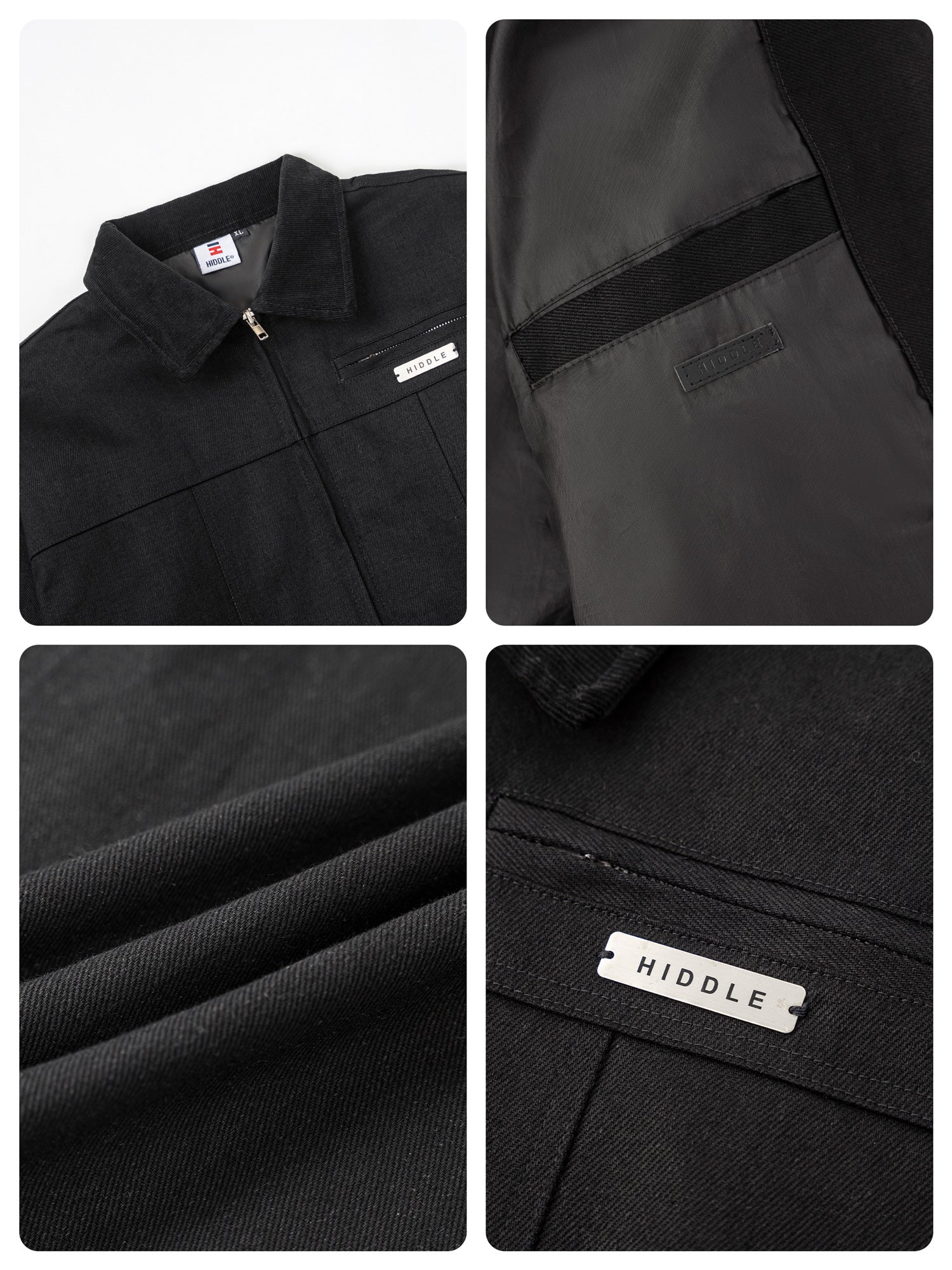 Collage of close-up shots of a black jacket with visible branding.