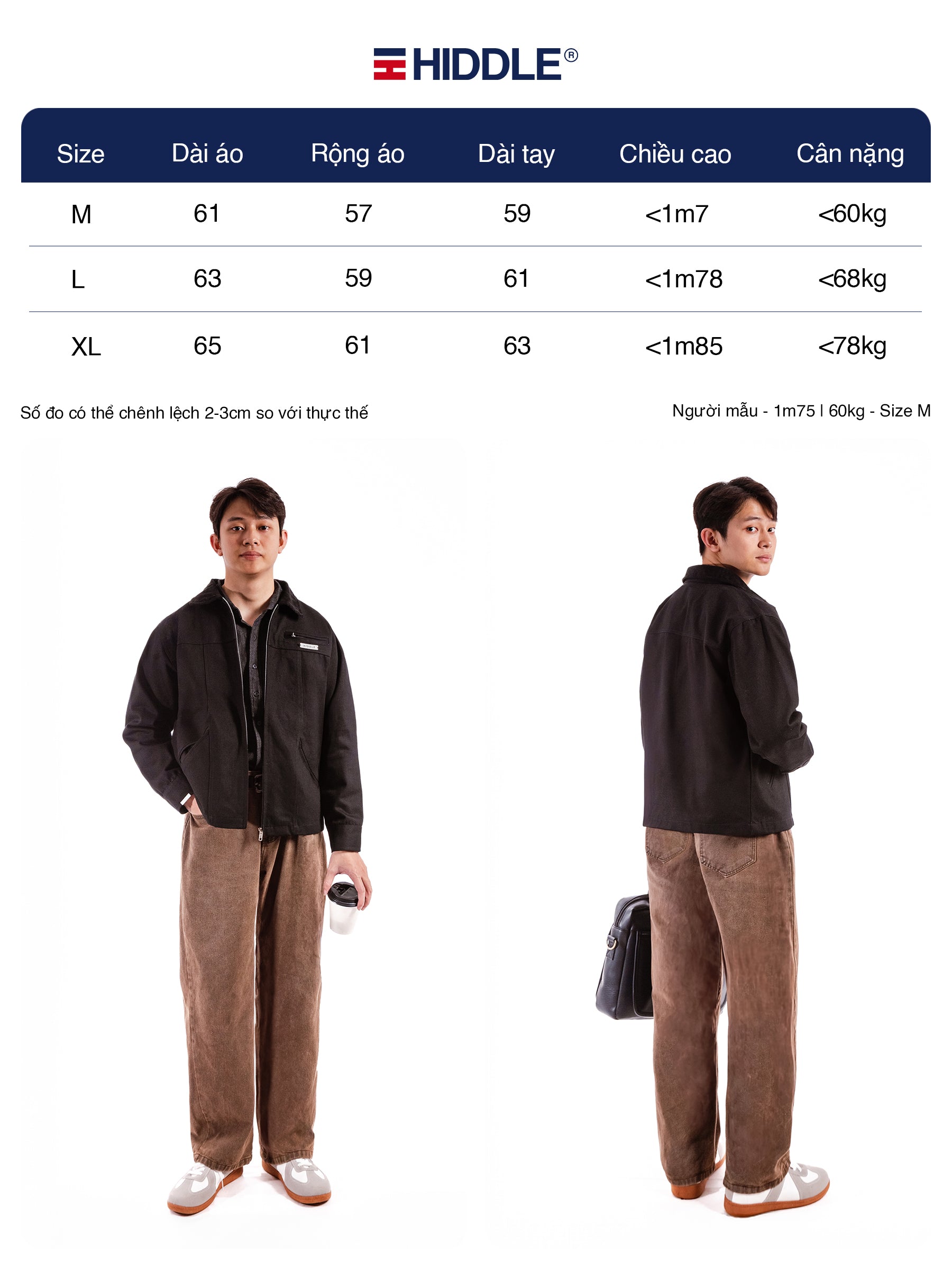 Size chart for clothing with Hiddle branding, showing measurements and corresponding sizes.