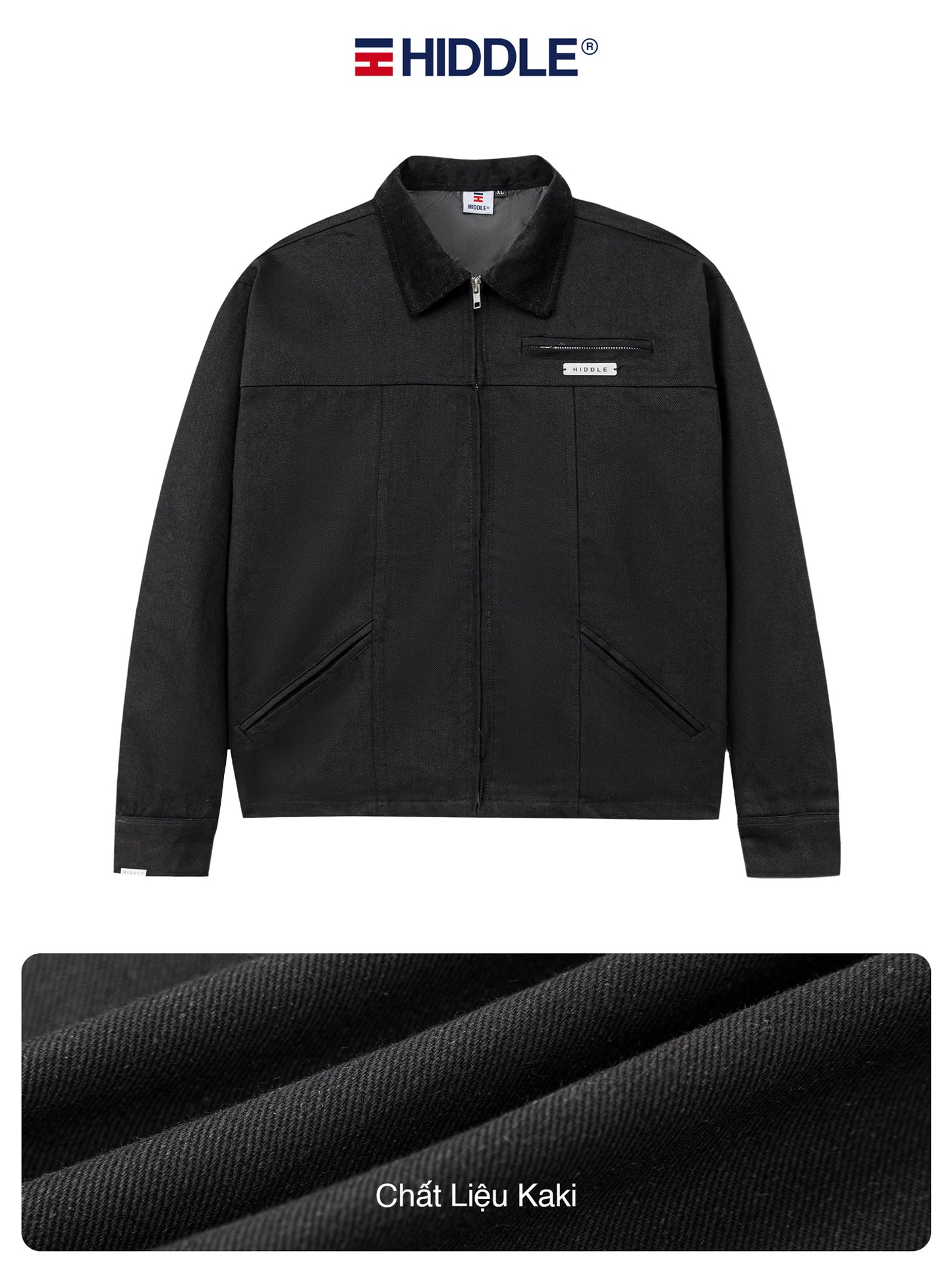 Black jacket with Hiddle branding on a white background