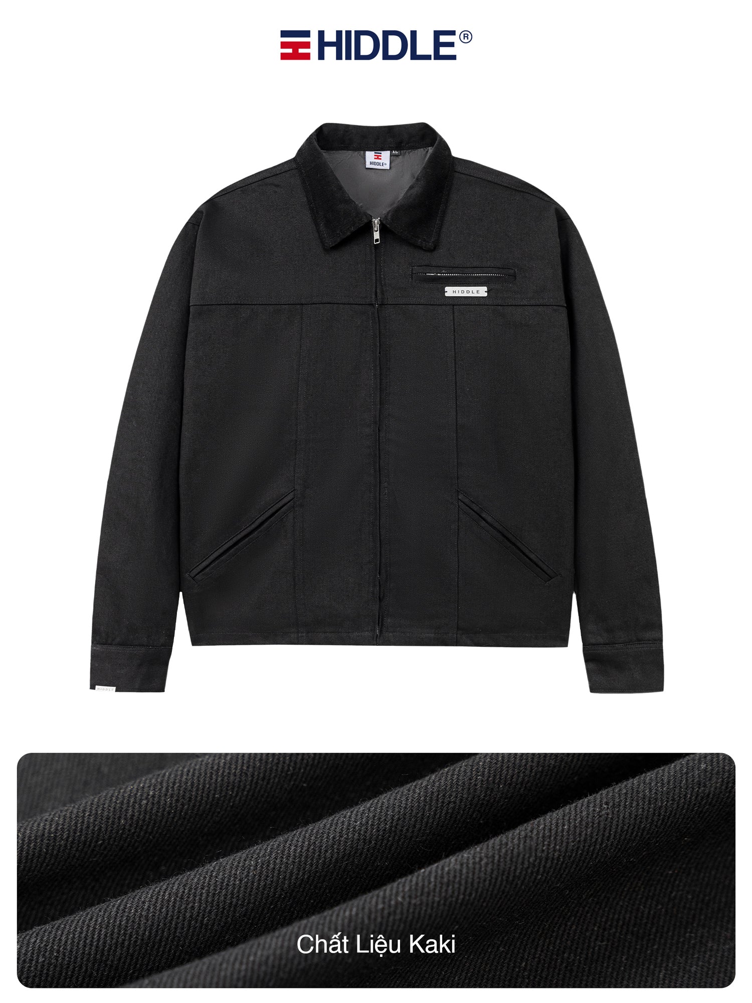 Black jacket with Hiddle branding on a white background