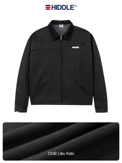 Black jacket with Hiddle branding on a white background