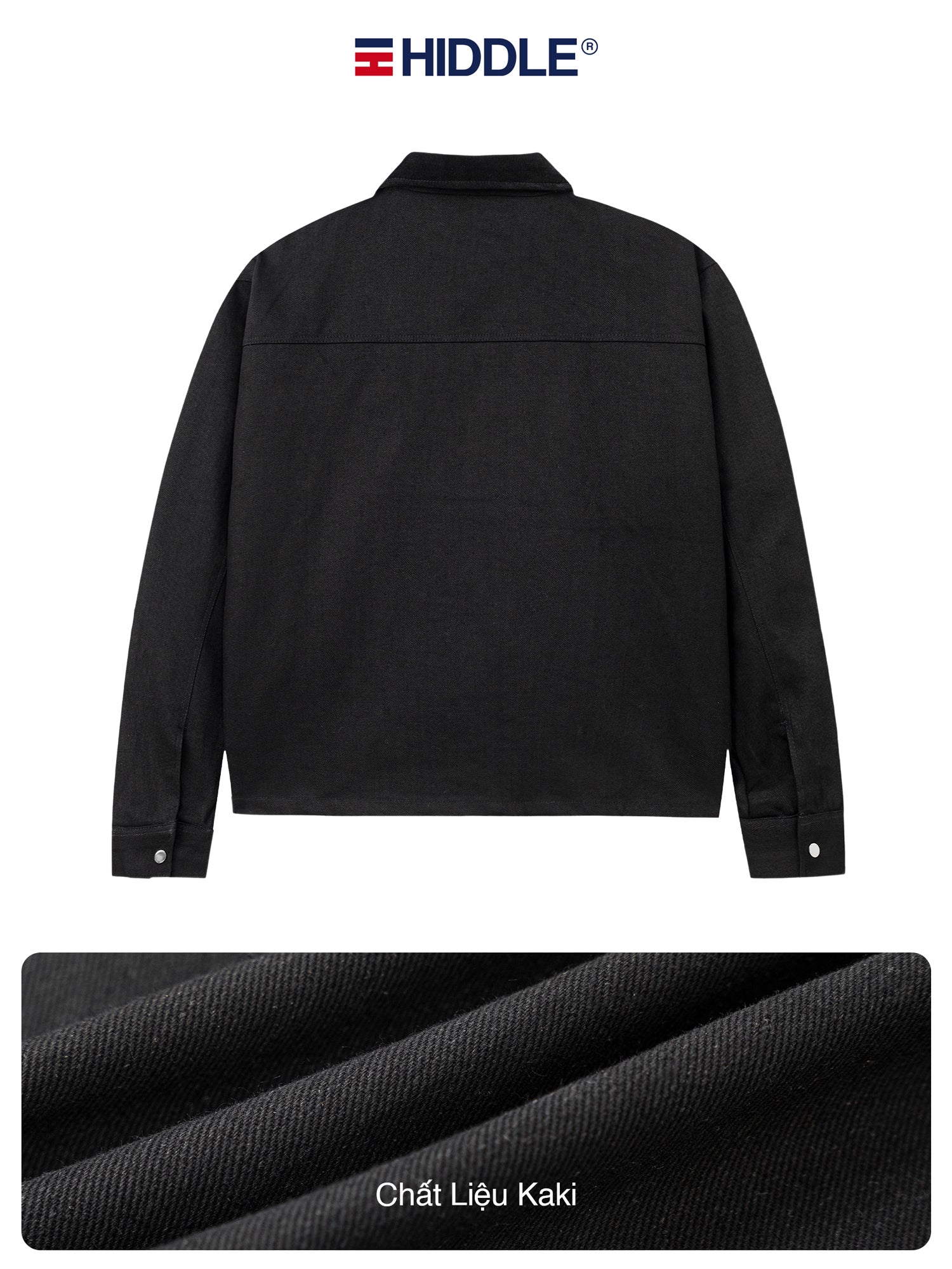 Black jacket with Hiddle branding and fabric texture detail on a white background