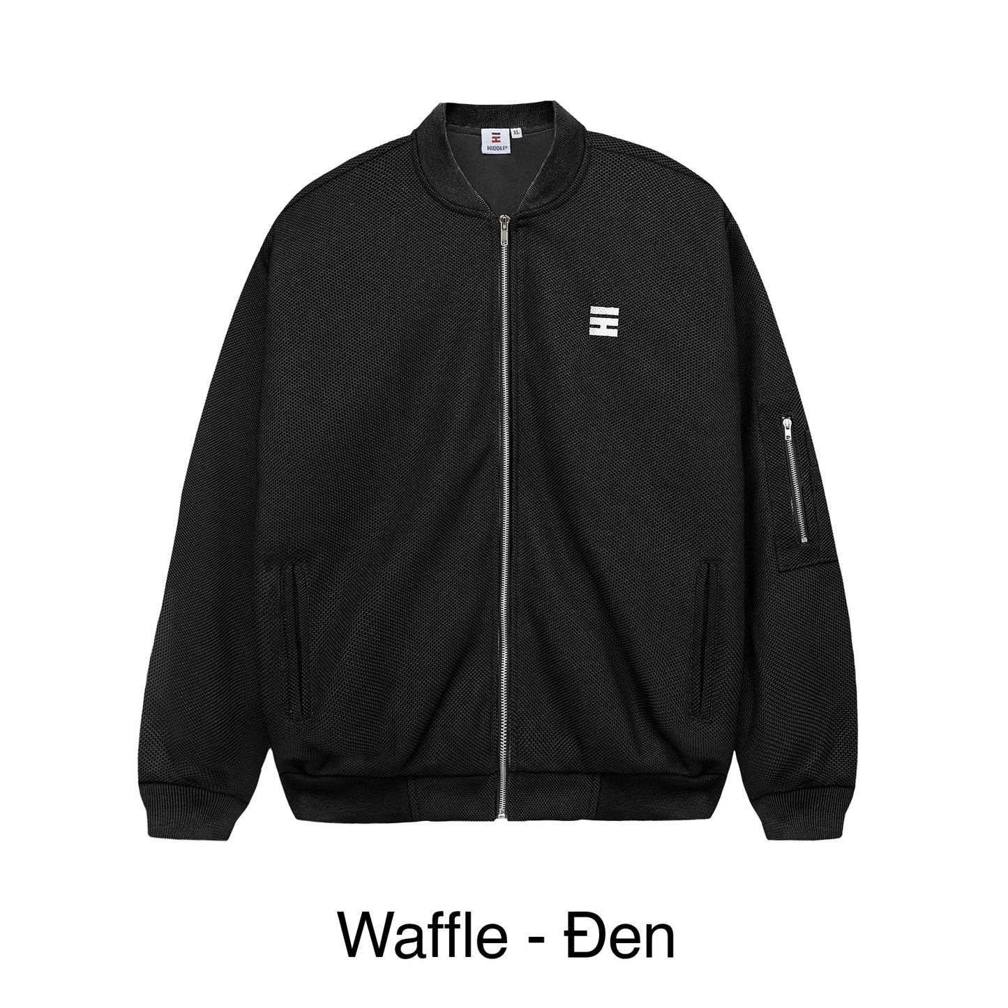 Black jacket with a logo on a white background