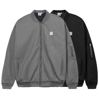 Gray and black bomber jackets with a logo on a white background
