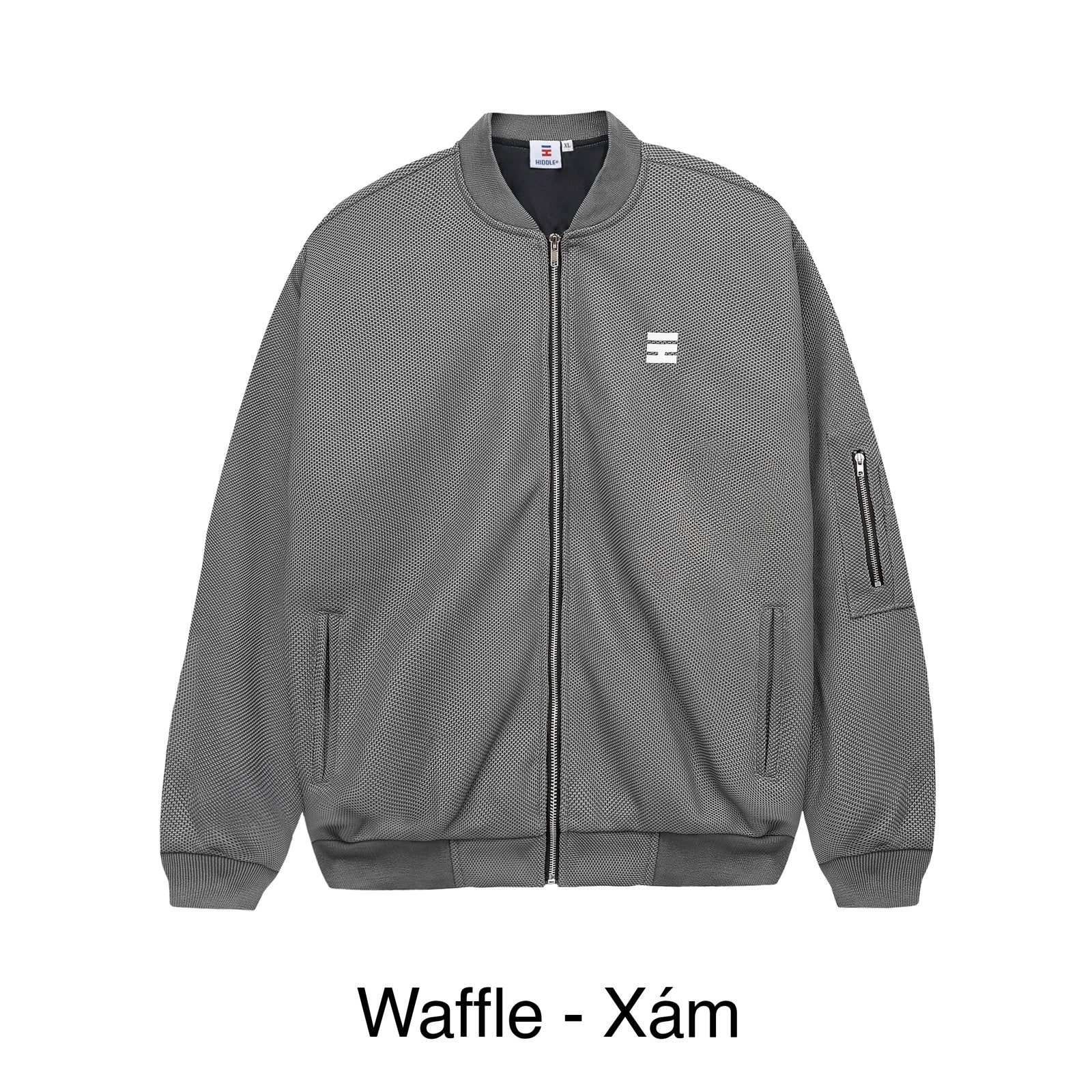 Gray waffle-textured jacket with a brand logo on a white background