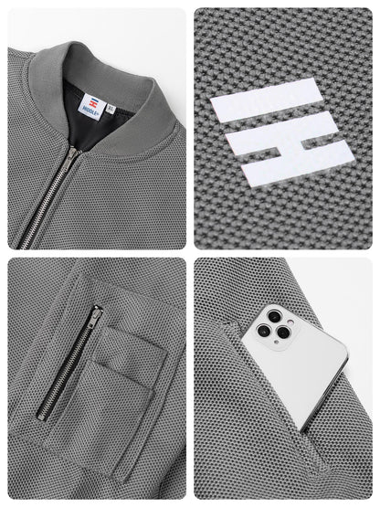Collage of a gray jacket with a brand logo, zipper, pocket, and phone pocket.