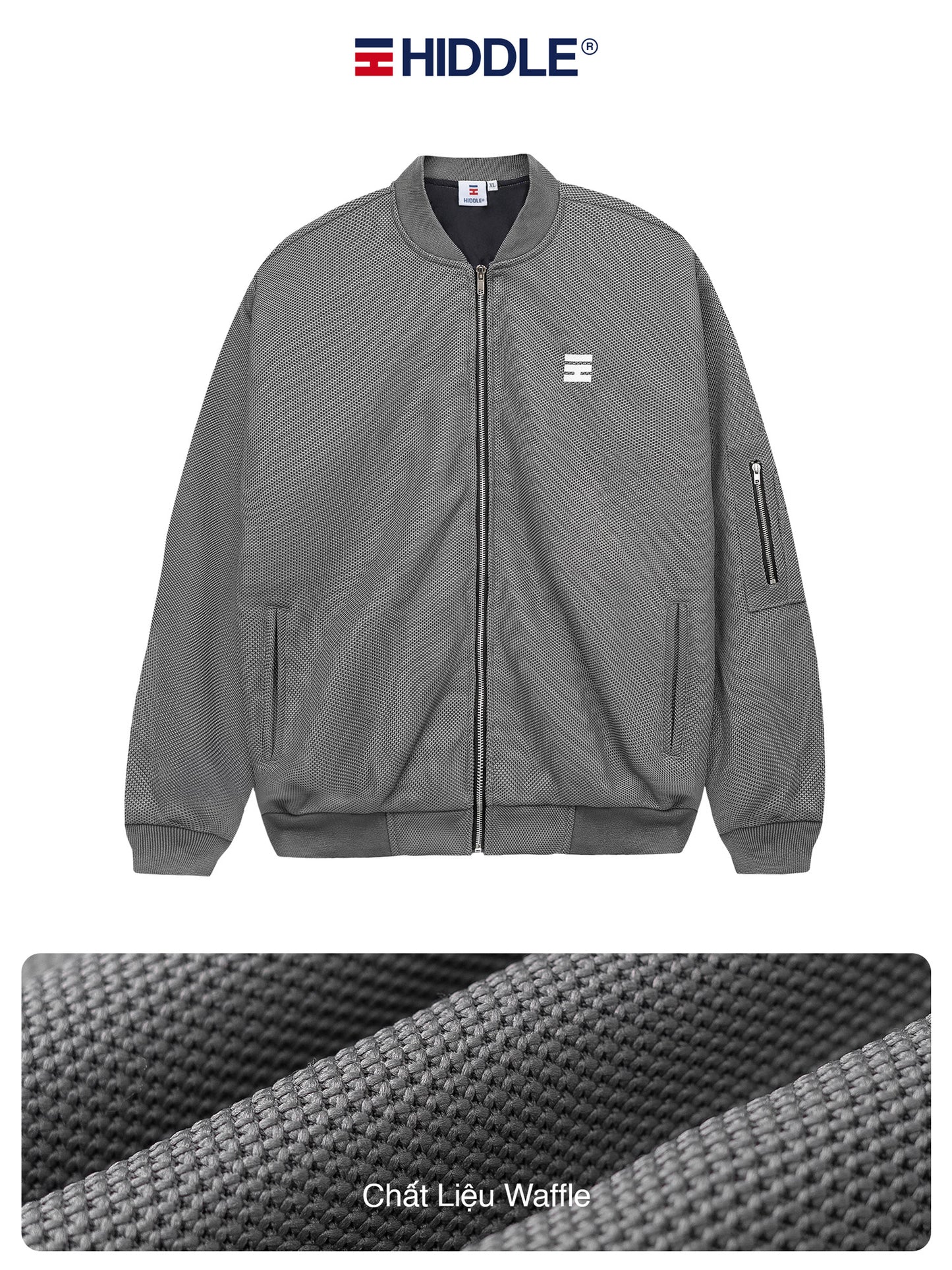 Gray jacket with Hiddle logo on a white background