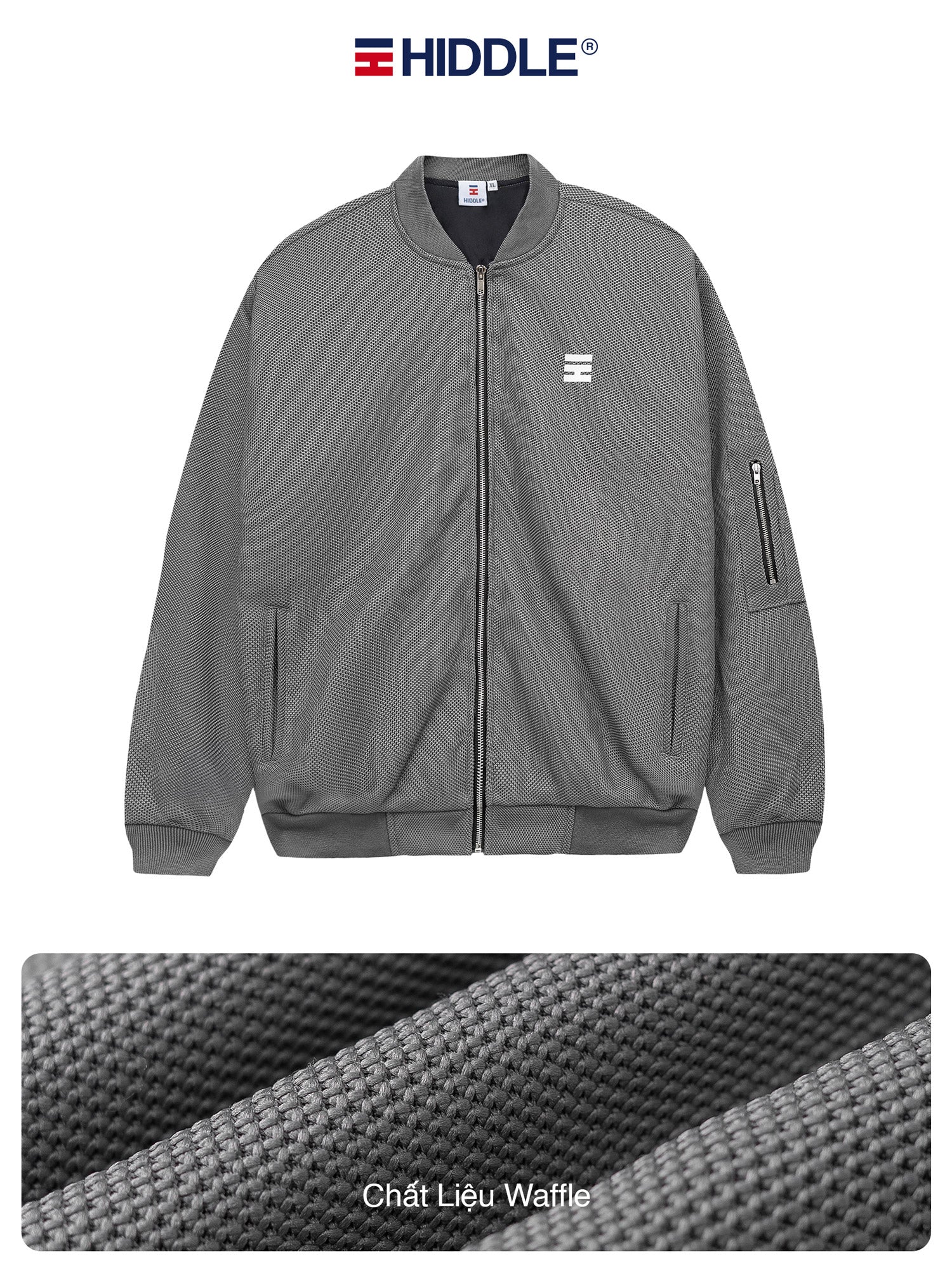 Gray jacket with Hiddle logo on a white background