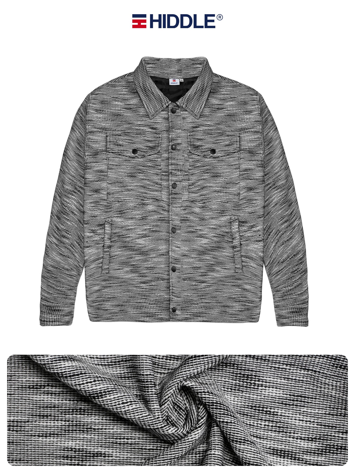 Gray textured jacket with Hiddle branding on a white background