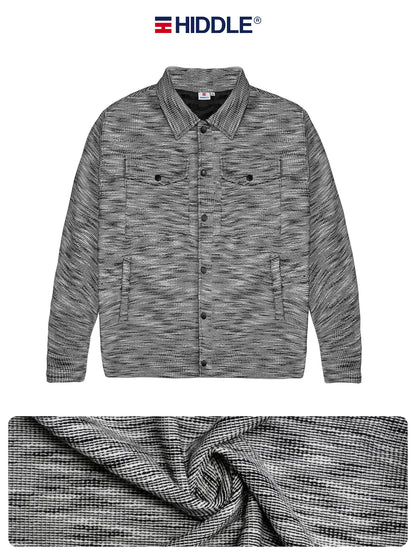 Gray textured jacket with Hiddle branding on a white background