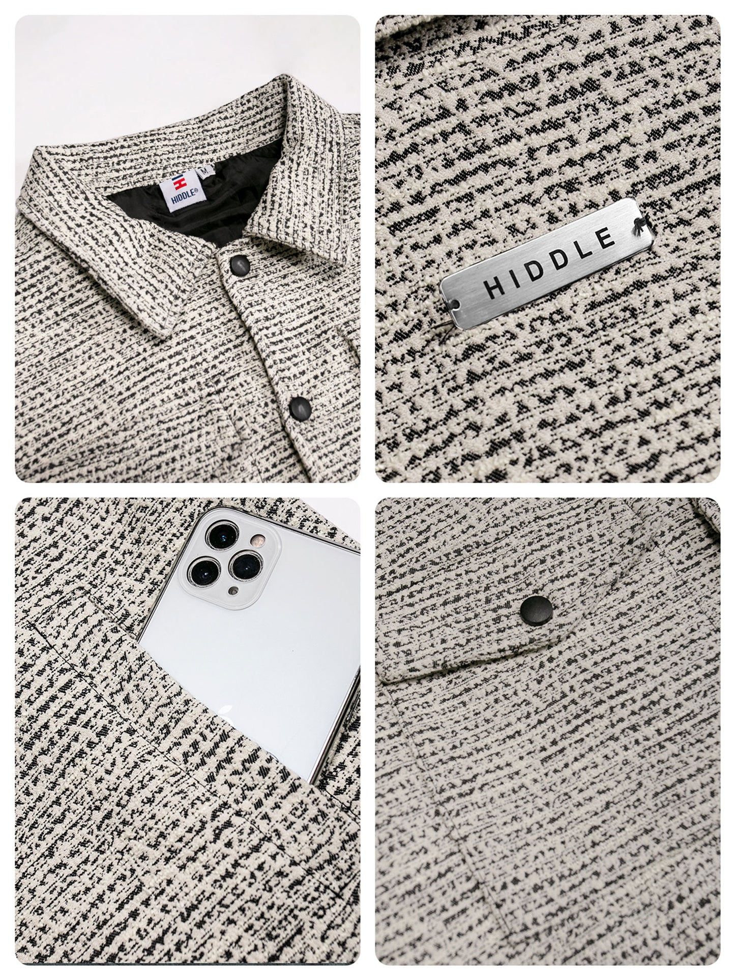 Collage of a textured jacket with a brand label, close-up of stitching, and an iPhone pocket.