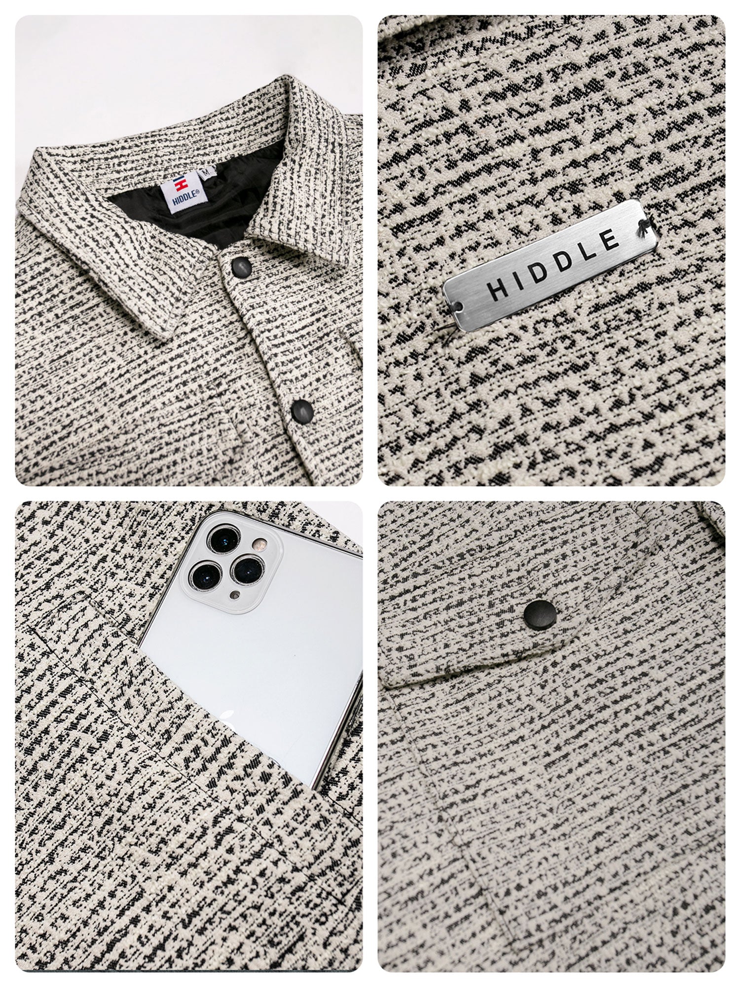 Collage of a textured jacket with a brand label, close-up of stitching, and an iPhone pocket.