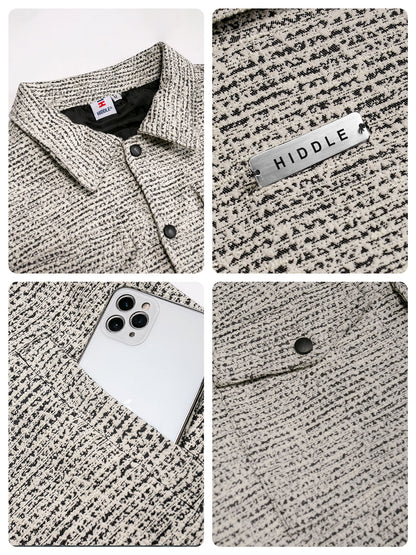 Collage of a textured jacket with a brand label, close-up of stitching, and an iPhone pocket.