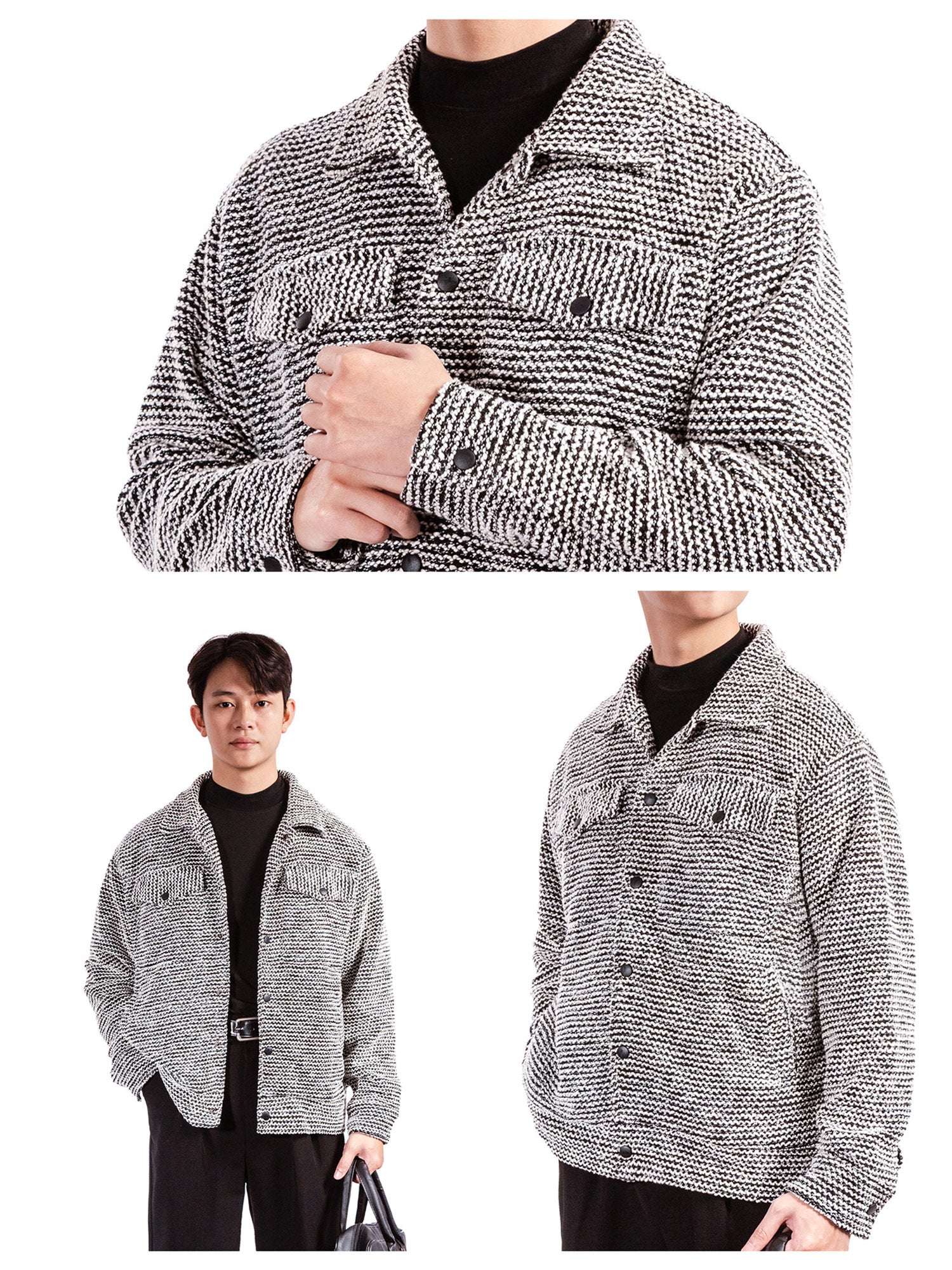Two views of a person wearing a gray textured jacket on a white background