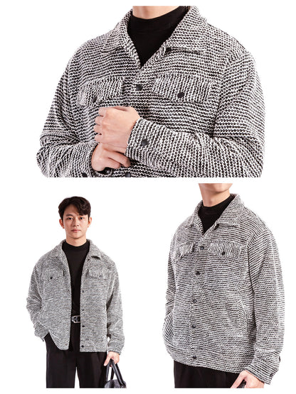 Two views of a person wearing a gray textured jacket on a white background