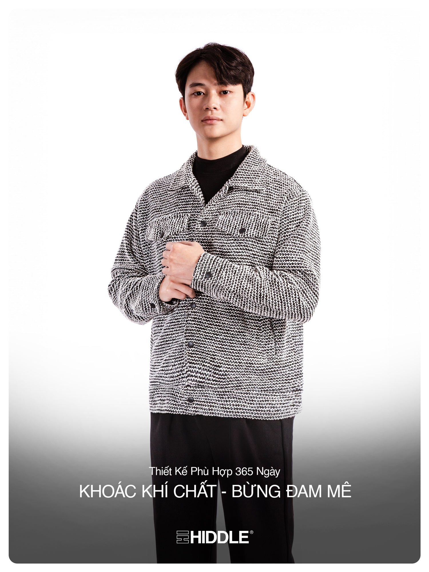 Man wearing a patterned shirt with text overlay on a white background