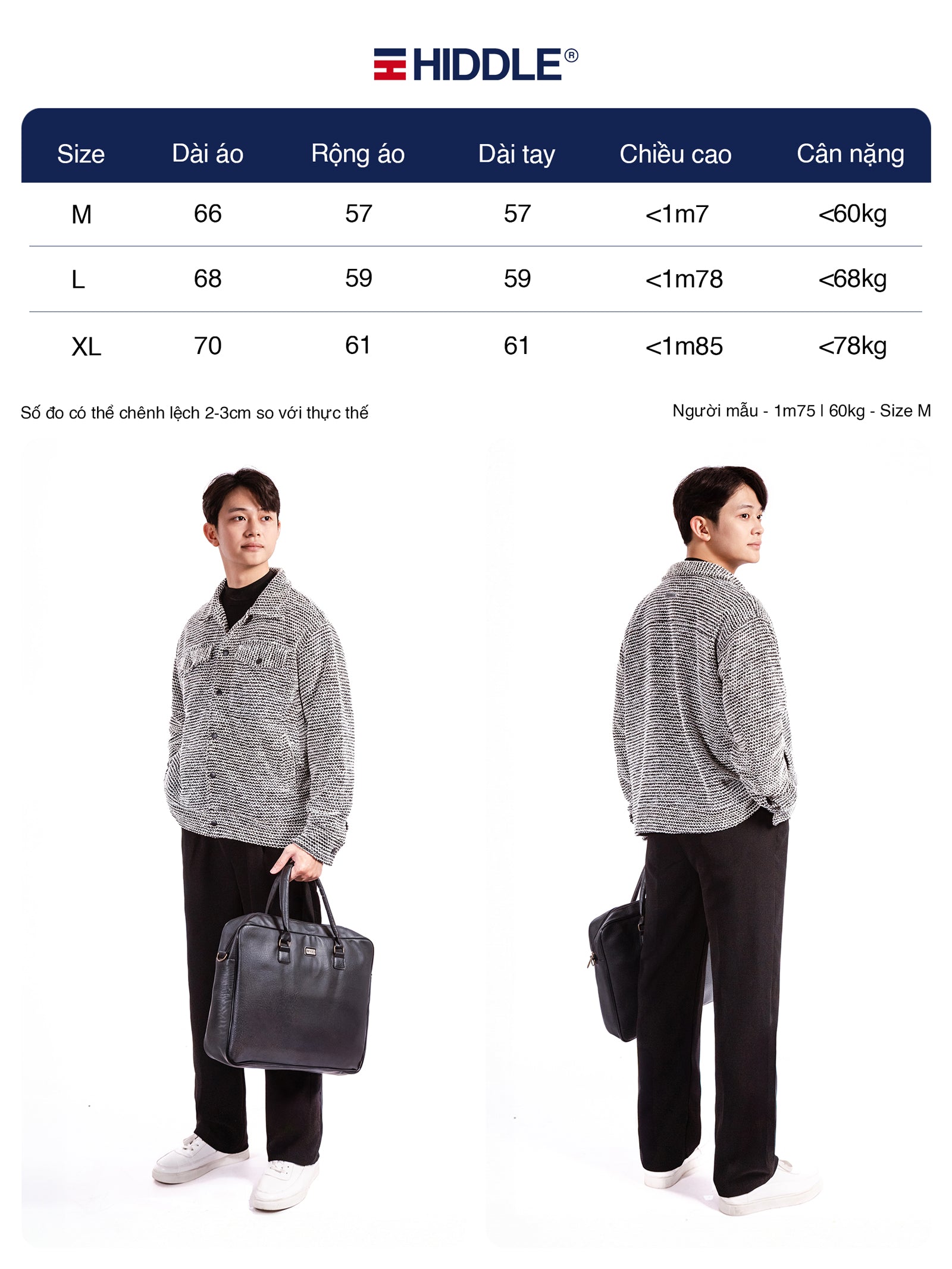 Size chart for a jacket with two models wearing the jacket holding bags, featuring the Hiddle brand.