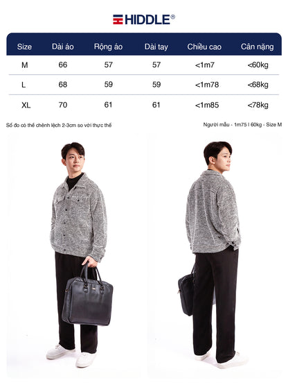 Size chart for a jacket with two models wearing the jacket holding bags, featuring the Hiddle brand.