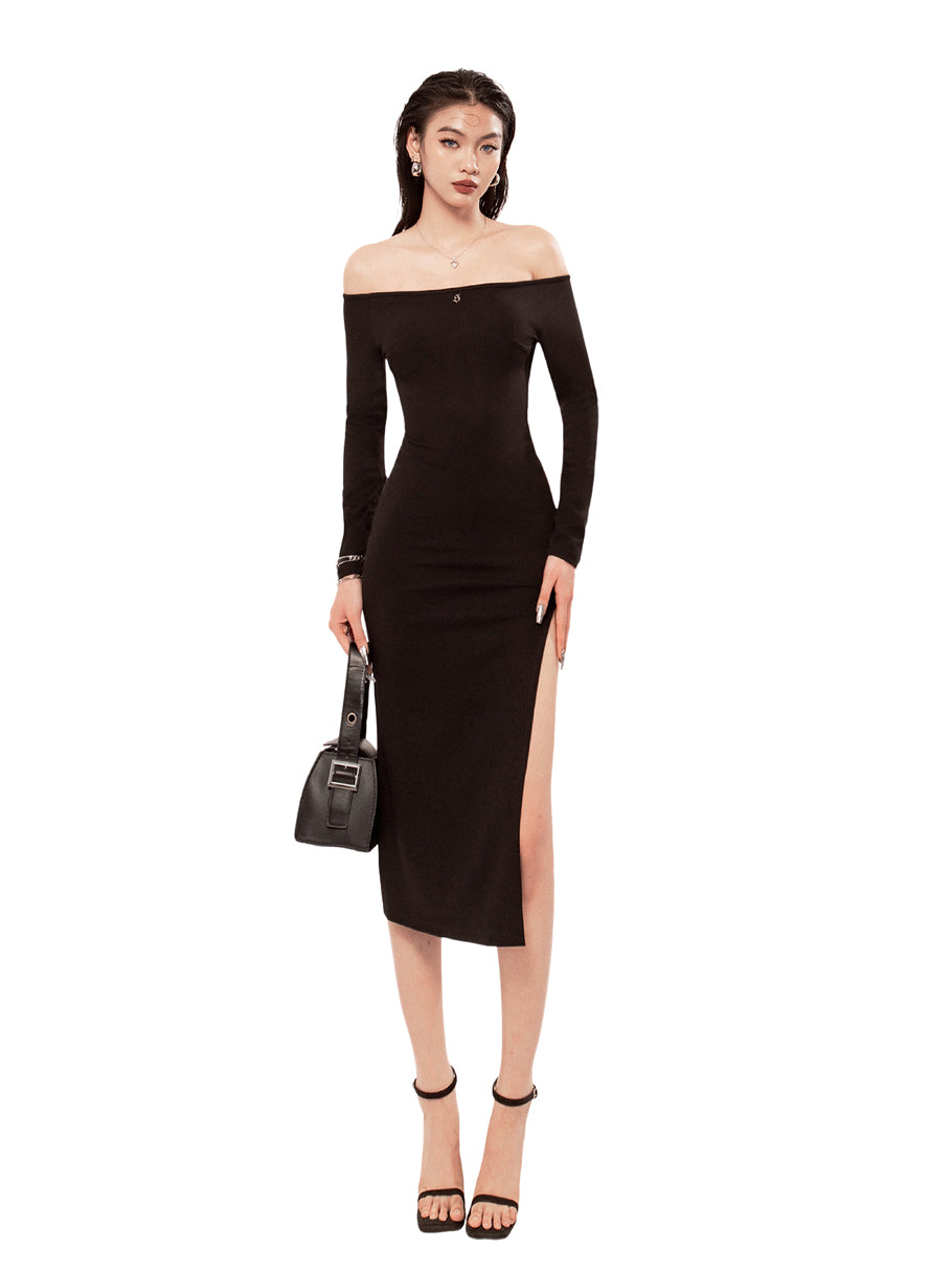 Woman wearing a black off-shoulder dress with a slit on a white background