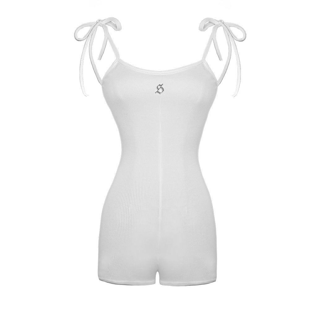 White ribbed bodysuit with thin straps on a white background