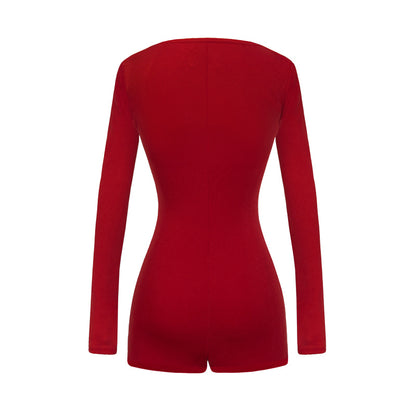 Red bodysuit with long sleeves on a white background