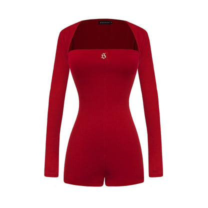Red bodysuit with long sleeves on a white background